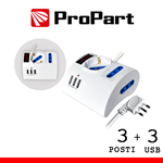 MULTIPRESA DA TAVOLO 3 POSTI BIPASSO + BIPASSO/SCHUKO + 3 USB CON INTERRUTTORE SPINA 16A BIANCA PROPART PEM2703-W SPINA 90°