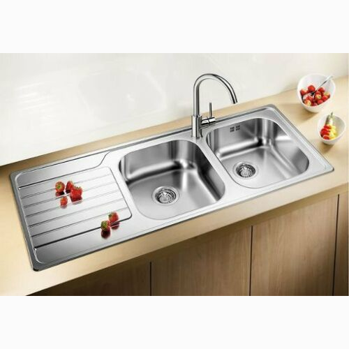 DINASDX - BLANCO Lavello DINAS inox cm 116 2 vasche e gocciolatoio laterale  - Bordo slim acciaio da incasso (Gocciolatoio a DESTRA) - Blanco