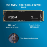 HARD DISK SSD M.2 CRUCIAL 1000GB 1TB P3 NVME PCIe Gen3 NVMe Internal SSD - Fino a 3500MB/s - CT1000P3SSD8