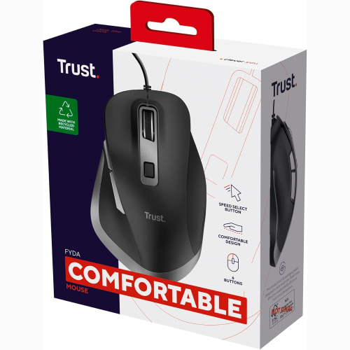 Trust Fyda Mouse con Filo, Design Sostenibile, 600-5000 DPI, 6 Pulsanti, Forma Sagomata, Mouse Ergonomico con Cavo USB 150 cm per Laptop, PC, Computer, Macbook, Ufficio - Nero  