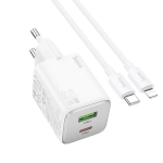 ALIMENTATORE CARICABATTERIE DI RETE USB-A + TYPE-C + CAVO QC DA TYPE-C A LIGHTNING DA 1 METRO PD 20W | HOCO N41 BIANCO