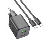 ALIMENTATORE CARICABATTERIE DI RETE USB-A + TYPE-C + CAVO QC DA TYPE-C A LIGHTNING DA 1 METRO PD 20W | HOCO N41 NERO