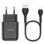 ALIMENTATORE CARICABATTERIE DI RETE USB + CAVO USB A LIGHTNING DA 1 METRO 2.1A | HOCO N2 NERO