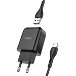 ALIMENTATORE CARICABATTERIE DI RETE USB + CAVO USB A TYPE-C DA 1 METRO 2.1A | HOCO N2 NERO