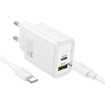 ALIMENTATORE CARICABATTERIE DI RETE TYPE-C + USB-A + CAVO TYPE-C A TYPE-C 1 METRO QC3.0 PD 3A 30W | HOCO N63 BIANCO