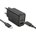 ALIMENTATORE CARICABATTERIE DI RETE TYPE-C + USB-A + CAVO TYPE-C A TYPE-C 1 METRO QC3.0 PD 3A 30W | HOCO N63 NERO