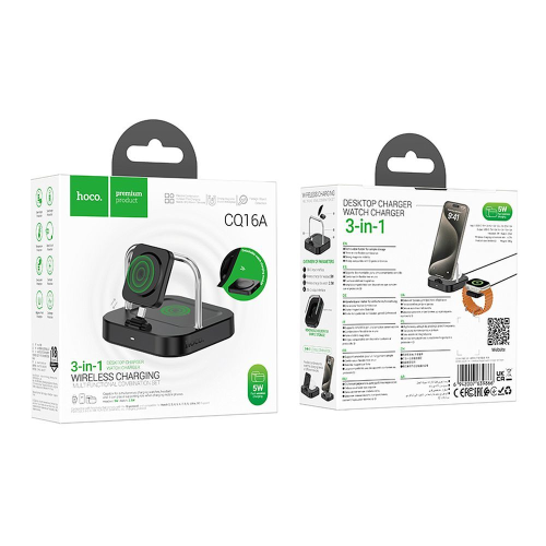 ALIMENTATORE CARICABATTERIA WIRELESS INDUTTIVO 3 IN 1 EOL 3A 5W COMPATIBILE CON IPHONE E WATCH | HOCO CQ16A NERO
