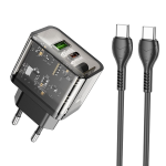 ALIMENTATORE CARICABATTERIE DI RETE TYPE-C + USB-A + CAVO TYPE-C A TYPE-C 1 METRO QC3.0 PD 3A 20W | HOCO N34 TRASPARENTE