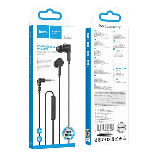CUFFIE AURICOLARI CON MICROFONO 1,2 METRI JACK 3,5MM NERE HOCO M102