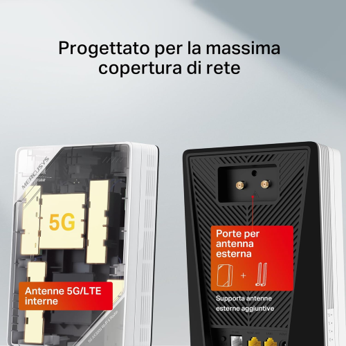 MERCUSYS MB520-5G MODEM ROUTER 5G CON SIM, WIFI 6 DUAL-BAND AX3000MBPS, 2402 MBPS IN 5 GHZ+574 MBPS IN 2.4 GHZ, PORTA LAN/WAN 2.5GBPS, VPN, CONNETTI FINO A 256 DISPOSITIVI, PLUG&PLAY, APP CONTROLLO