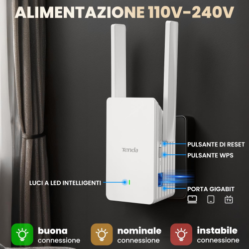TENDA RIPETITORE RANGE EXTENDER WIFI 6 A23 AMPLIFICATORE DUAL BAND AX1500, WIFI EXTENDER, ACCESS POINT, PORTA GIGABIT ETHERNET, COMPATIBILE CON TUTTI I BOX INTERNET, FACILE INSTALLAZIONE