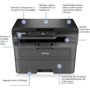 BROTHER DCPL2620DW STAMPANTE MULTIFUNZIONE LASER MONOCROMATICA 3 IN 1(STAMPA/COPIA/SCAN), 32 PPM,STAMPA FRONTE/RETRO AUTO,PANNELLO DI CONTROLLO LCD A 2 RIGHE,USB E WIFI A 5 GHZ,INBOX TONER DA CIRCA 700 PAGINE