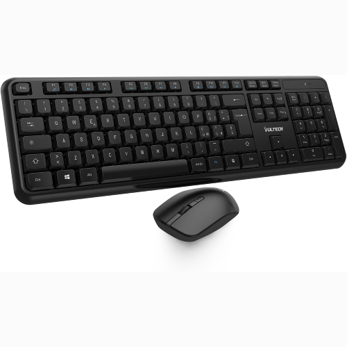 VULTECH KM-811W KIT TASTIERA E MOUSE WIRELESS CON CLIC SILENZIOSI, LAYOUT ITALIANO QWERTY COMPATTA, TASTIERINO NUMERICO, 12 TASTI MULTIMEDIALI, PROTEZIONE LIQUIDI,PC/MAC/LINUX - NERO