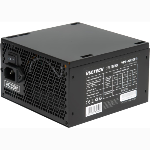ALIMENTATORE VULTECH VPS-A500ER PC ATX 500W SERIE ESSENCE - VENTOLA 12CM TERMOREGOLATA E SILENZIOSA, CABLAGGIO INCLUSO, CAVI FLAT EXTRA LUNGHI 60CM, IDEALE PER DESKTOP UFFICIO E CASA