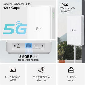 MODEM ROUTER TP-LINK NE200-OUTDOOR ROUTER 5G CON SIM DA ESTERNO, VELOCITÀ DI DOWNLOAD 5G FINO A 4.67GBPS, 4G CAT19 FINO A 1.6GBPS, PORTA 2.5GE, SUPPORTA POE PASSIVO E 802.3AF/802.3AT, IP66, MONTAGGIO FLESSIBILE