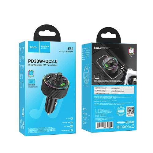 HOCO TRASMETTITORE FM PER AUTO BLUETOOTH 2 X USB A + TIPO C PD QC3.0 30W E82 NERO