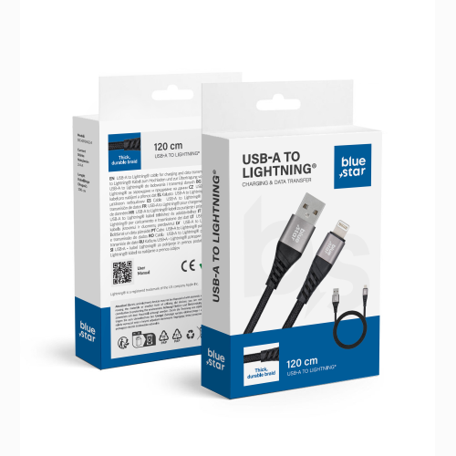 CAVO DATI INTRECCIATO NYLON USB A LIGHTNING 1,20 METRI 2,4A NERO | BLUE STAR TFK-DC-003
