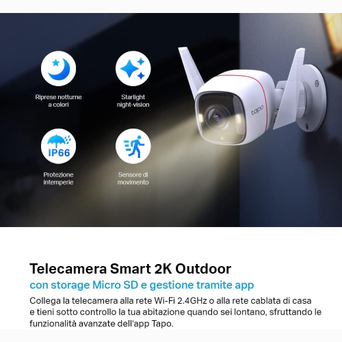 TELECAMERA TP-LINK TAPO C320WS WI-FI ESTERNO 2K 4MP, TELECAMERA DI SORVEGLIANZA, VISIONE NOTTURNA A COLORI, RILEVAZIONE MOVIMENTO CON ALLARME, AUDIO BIDIREZIONALE, COMPATIBILE CON ALEXA, IP66
