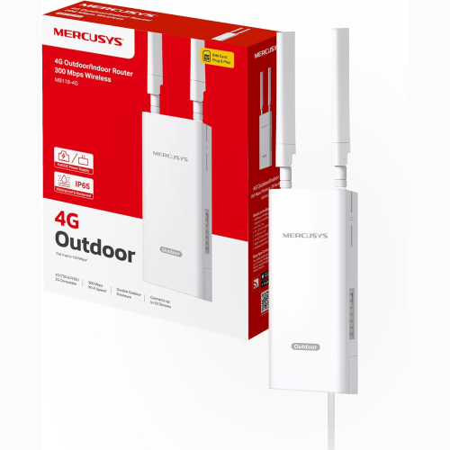 ROUTER MODEM 4G MERCUSYS MB118-4G WIFI CON SIM DA ESTERNO, 4G CAT4 LTE N300MBPS, 2 ANTENNE LTE RIMOVIBILI, PORTA LAN, ALIMENTAZIONE POE/DC, MONTAGGIO SU PALO, PARETE E FINESTRA, SMS, APP, PLUG&PLAY, IP65