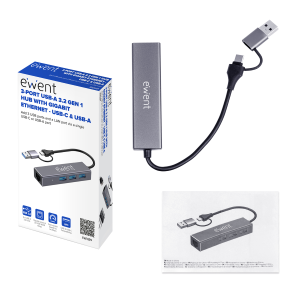 HUB USB CON USB-A + TYPE-C 3 PORT USB 3.2 + 1 PORTA LAN ETHERNET GIGABIT EWENT EW1159 MULTIPRESA USB 3.2