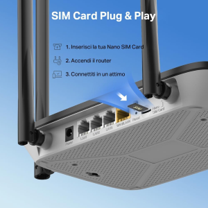 ROUTER MODEM 4G MERCUSYS MB115-4G ROUTER WIFI CON SIM, 4 ANTENNE AD ALTO GUADAGNO, 4G LTE WIRELESS N300MBPS, 3 PORTE LAN+1 PORTA LAN/WAN, WAN CONNECTION BACKUP, PARENTAL/LED CONTROL, VPN, SMS, APP, PLUG&PLAY