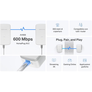 POWERLINE MERCUSYS MS-MP300KIT KIT HOMEPLUG AV2 FINO A 600MBPS, FINO A 300 METRI, PORTA LAN, PLUG AND PLAY, COMPATIBILE CON TUTTI I ROUTER, RISPARMIA ALL'85% SULL'ENERGIA