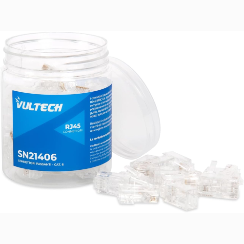 VULTECH SN21406 50 PEZZI CONNETTORI PASSANTI RJ45 CAT.6 UTP, PLUG DI RETE PASS-THROUGH ALTA VELOCITÀ GIGABIT, TERMINALI LAN TRASPARENTI PER CAVO ETHERNET CATEGORIA 6, SISTEMA SEMPLIFICATO ANTI-SPRECO FILI