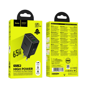 ALIMENTATORE CARICABATTERIE DI RETE 2X TYPE-C + USB-A QC3.0 PD 3A 65W | HOCO N75 NERO
