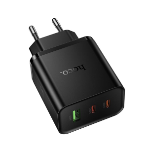 ALIMENTATORE CARICABATTERIE DI RETE 2X TYPE-C + USB-A QC3.0 PD 3A 65W | HOCO N75 NERO