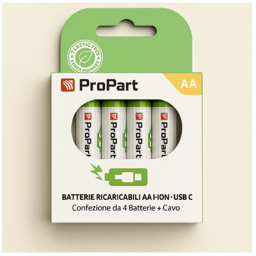BATTERIA RICARICABILE STILO AA PROPART CONF. 4PZ 1250MHA CON CAVO TYPE-C