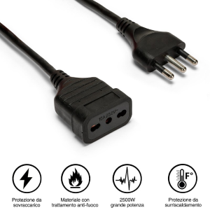 PROLUNGA CAVO ELETTRICO BIPASSO PRESA SPINA ITALIANA 10MT 16A NERO CAVO 3G1MM VELAMP PROLIT16A-10K