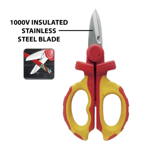 FORBICI ISOLATE DA ELETTRICISTA 1000V ROSSO E GIALLO CON LAME MICRO DENTATE ED INCAVO SPELLA FILI VELAMP CF101