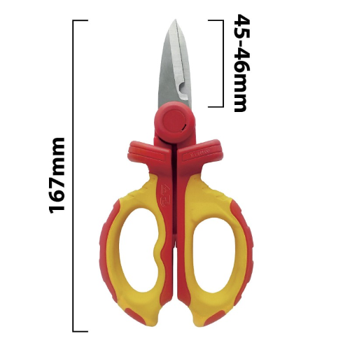 FORBICI ISOLATE DA ELETTRICISTA 1000V ROSSO E GIALLO CON LAME MICRO DENTATE ED INCAVO SPELLA FILI VELAMP CF101