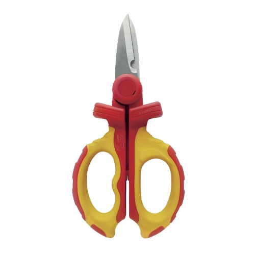 FORBICI ISOLATE DA ELETTRICISTA 1000V ROSSO E GIALLO CON LAME MICRO DENTATE ED INCAVO SPELLA FILI VELAMP CF101