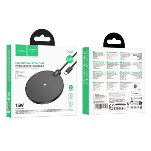 ALIMENTATORE CARICABATTERIE INDUTTIVO HOCO DA 15 W CON CAVO TYPE-C + DISPLAY CW62 NERO