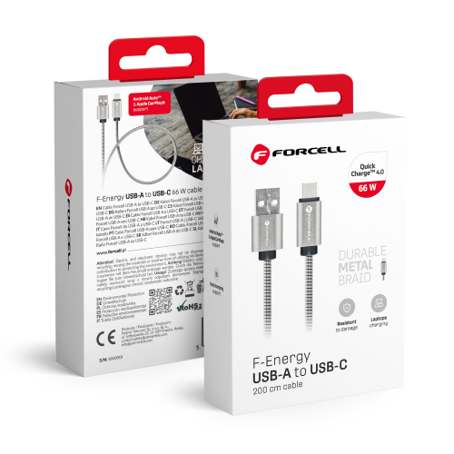 CAVO DATI DA USB A TYPE-C 2 METRI QC4.0 3A 66W IN METALLO | FORCELL F-ENERGY C234