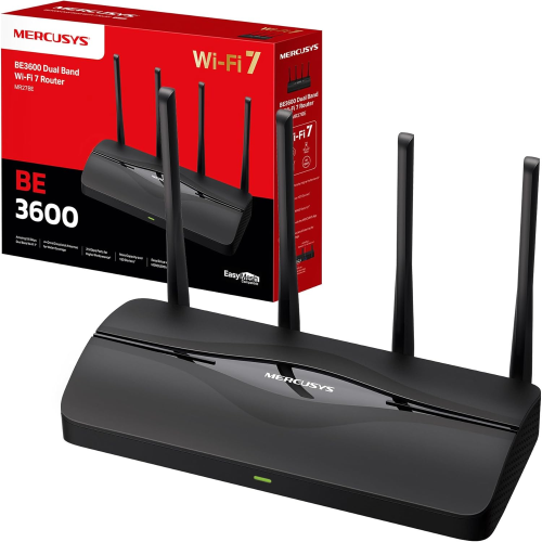 ROUTER MERCUSYS MR27BE WIFI 7 DUAL-BAND BE3600MBPS, PORTE 2.5GBPS, 4 ANTENNE AD ALTO GUADAGNO, CANALI 160MHZ, MLO, COMPATIBILE CON EASYMESH, WPA3, VPN, CONTROLLO DA APP, NON SUPPORTA XDSL