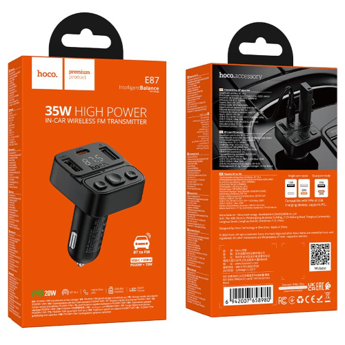TRASMETTITORE BLUETOOTH PER AUTO HOCO USB A + USB C QC PD 35W E87 NERO