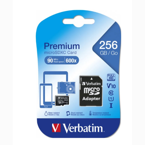 MEMORIA MICROSD VERBATIM 256GB 44087 CL10 UHS-1 PREMIUM CON ADATTATORE SD