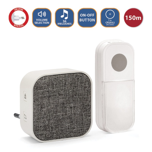 VELAMP TAYLOR AC CAMPANELLO SENZA FILI CON ALIMENTATO A RETE – PORTATA 150M, 36 MELODIE, 4 LIVELLI DI VOLUME, RICEVITORE CON LED ROSSO, INSTALLAZIONE PLUG-IN, BIANCO IP44