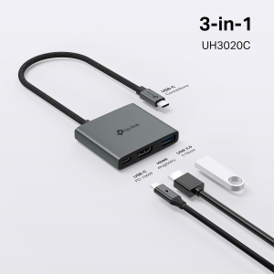 TP-LINK UH3020C HUB USB-C 3 IN 1, 1 HDMI 4K@60HZ, 1 USB-C PD RAPIDA A 100 W, 1 PORTA USB-A 3.0 SUPERSPEED A 5 GBPS, SUPPORTA MAC OS, WINDOWS 11/10/8.1/8/7, LINUX OS, IPADOS, IOS, ANDROID E CHROME OS