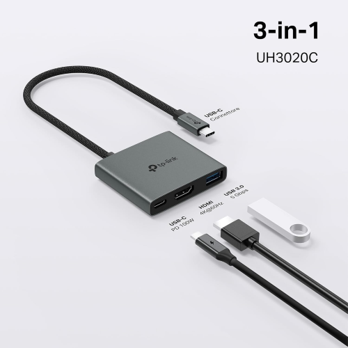 TP-LINK UH3020C HUB USB-C 3 IN 1, 1 HDMI 4K@60HZ, 1 USB-C PD RAPIDA A 100 W, 1 PORTA USB-A 3.0 SUPERSPEED A 5 GBPS, SUPPORTA MAC OS, WINDOWS 11/10/8.1/8/7, LINUX OS, IPADOS, IOS, ANDROID E CHROME OS