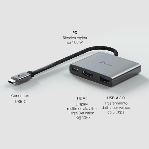 TP-LINK UH3020C HUB USB-C 3 IN 1, 1 HDMI 4K@60HZ, 1 USB-C PD RAPIDA A 100 W, 1 PORTA USB-A 3.0 SUPERSPEED A 5 GBPS, SUPPORTA MAC OS, WINDOWS 11/10/8.1/8/7, LINUX OS, IPADOS, IOS, ANDROID E CHROME OS