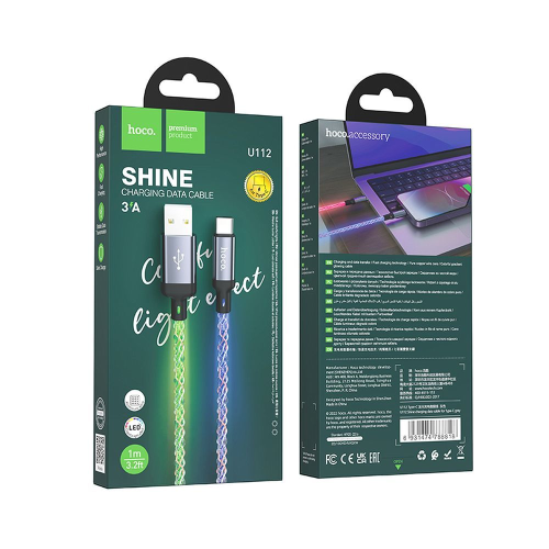 CAVO DATI DA USB A TYPE-C 1 METRO 3A GRIGIO LED LUMINOSO | HOCO U112