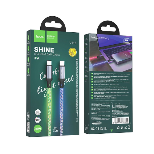 CAVO DATI DA TYPE-C A TYPE-C 1 METRO 3A 60W GRIGIO LED LUMINOSO | HOCO U112