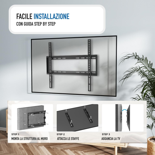 EWENT EW1503 SUPPORTO FISSO ULTRA SOTTILE DA PARTE PER TV DA 37 A 70 POLLICI, VESA FINO A 600X400MM, NERO/ANTRACITE, XL