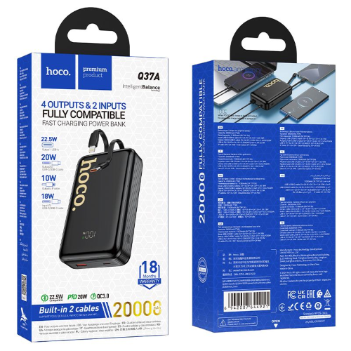 POWERBANK HOCO 20000 MAH QC PD 22,5W CON CAVI INTEGRATI TYPE-C + LIGHTNING Q37A NERO