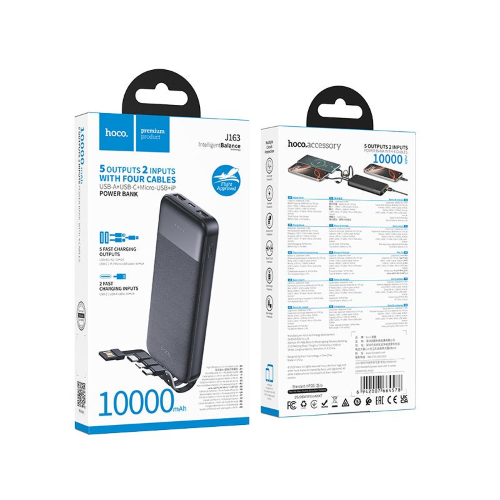 POWERBANK HOCO 10000 MAH 2A CON QUATTRO CAVI INTEGRATI USB A + TYPE-C + LIGHTNING + MICRO USB J163 NERO