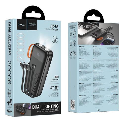POWER BANK 20000MAH CON CAVI INTEGRATI TYPE-C + USB + LIGHTNINH + MICROUSB + 2 LUCI LED FUNZIONE TORCIA | 2A HOCO J151A NERO