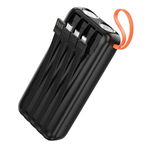 POWER BANK 20000MAH CON CAVI INTEGRATI TYPE-C + USB + LIGHTNINH + MICROUSB + 2 LUCI LED FUNZIONE TORCIA | 2A HOCO J151A NERO